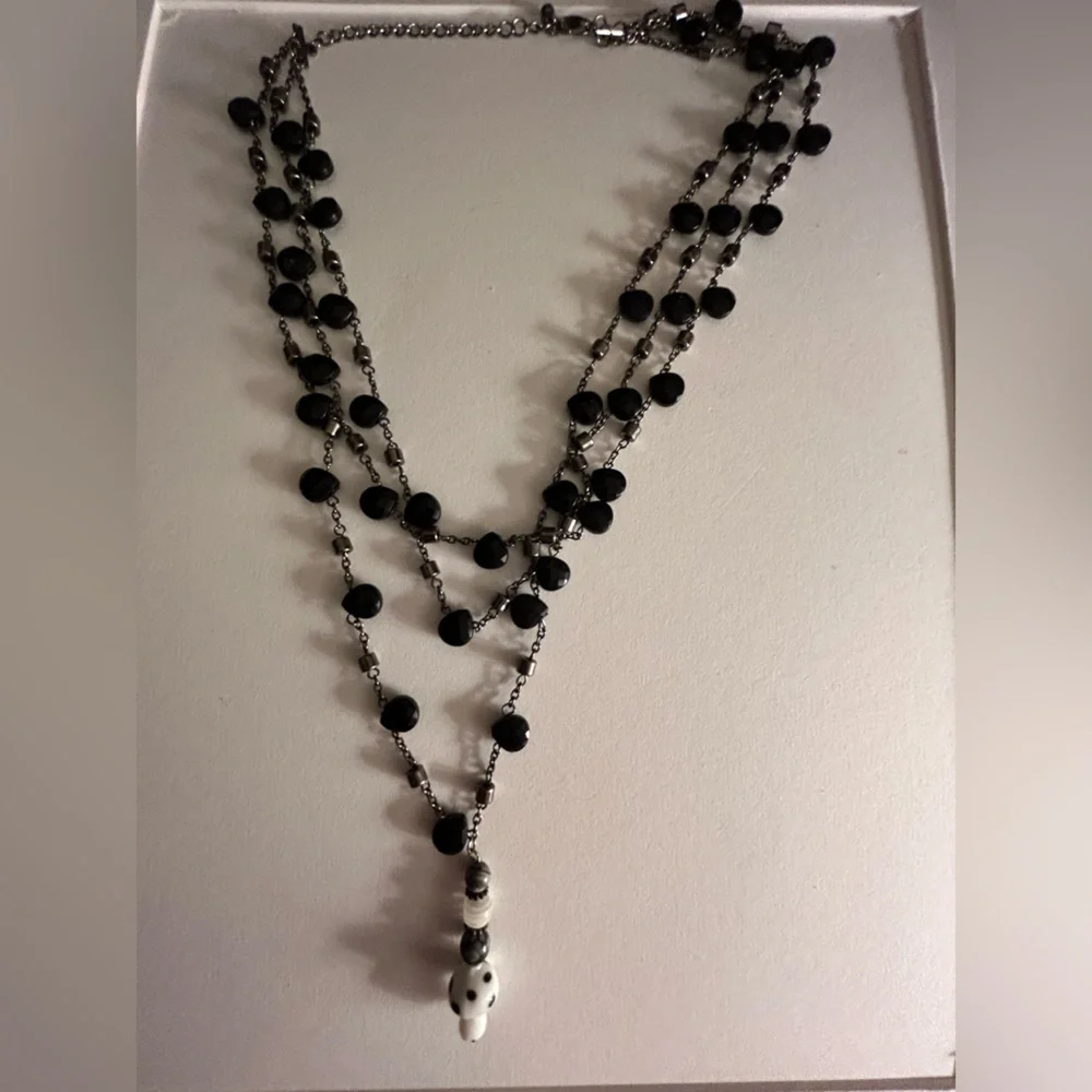 Necklace glass & Agate stone mushroom pendant on 3-strand black faceted beads